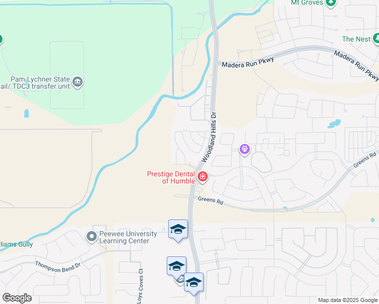 map of restaurants, bars, coffee shops, grocery stores, and more near 15201 Woodland Hills Drive in Humble