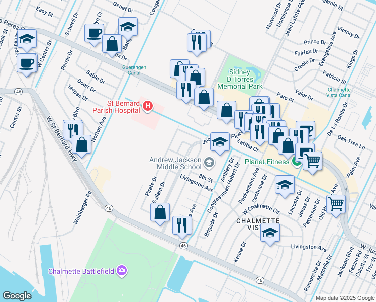 map of restaurants, bars, coffee shops, grocery stores, and more near 2809 Jean Lafitte Parkway in Chalmette
