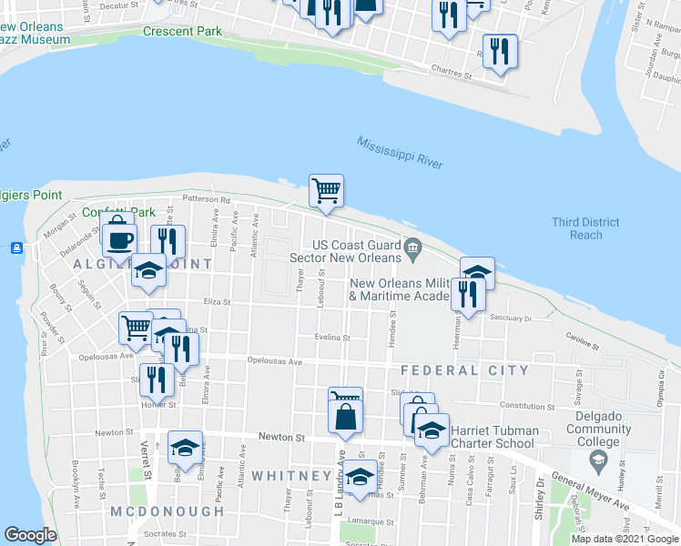 map of restaurants, bars, coffee shops, grocery stores, and more near 335 Whitney Avenue in New Orleans