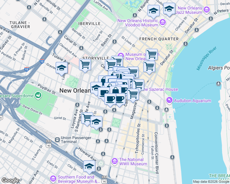 map of restaurants, bars, coffee shops, grocery stores, and more near  in New Orleans