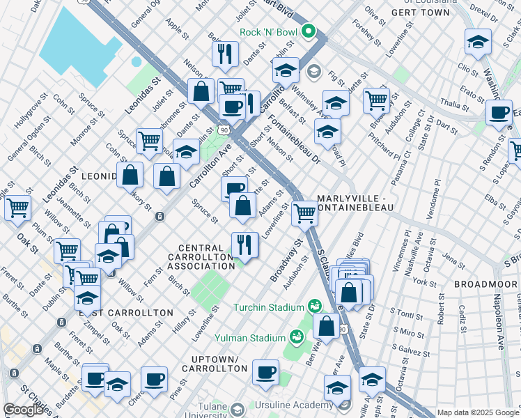 map of restaurants, bars, coffee shops, grocery stores, and more near 2215 Adams Street in New Orleans
