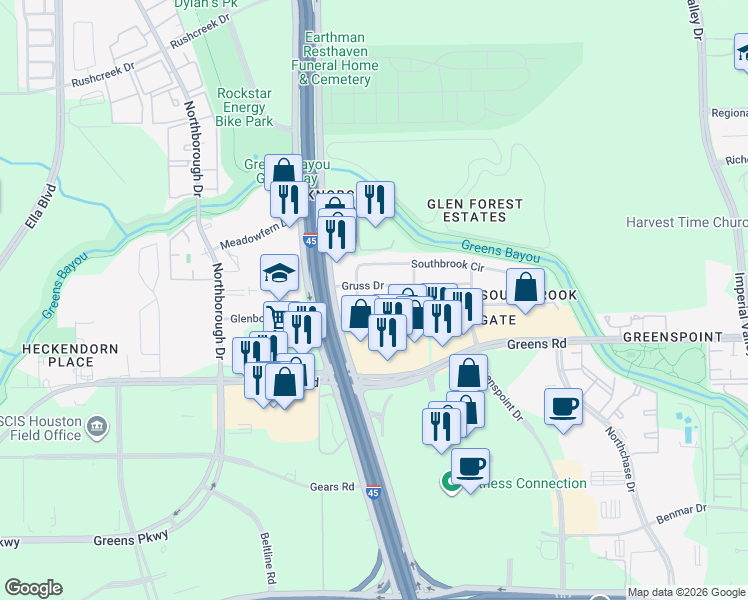 map of restaurants, bars, coffee shops, grocery stores, and more near 139 Abney Drive in Houston