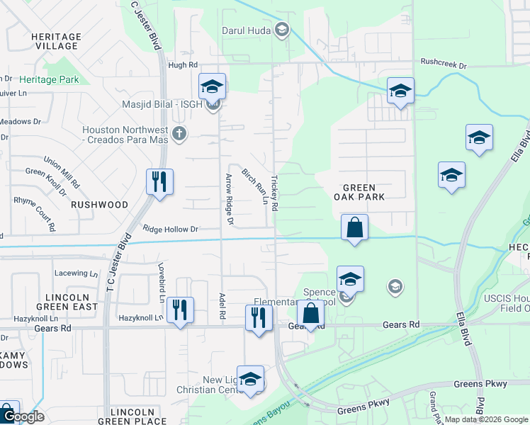 map of restaurants, bars, coffee shops, grocery stores, and more near 11618 Birch Run Lane in Houston