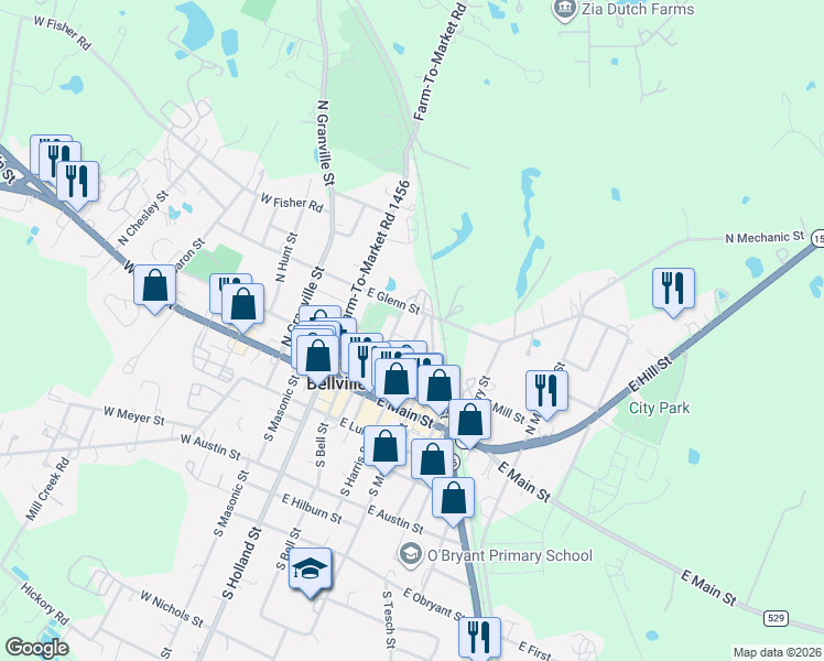 map of restaurants, bars, coffee shops, grocery stores, and more near 212 North Harris Street in Bellville