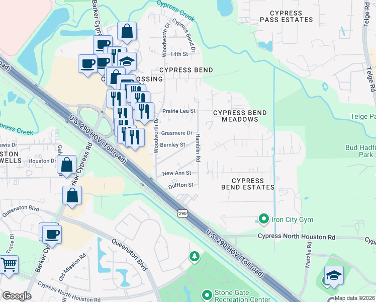 map of restaurants, bars, coffee shops, grocery stores, and more near 16215 Channing Way in Cypress