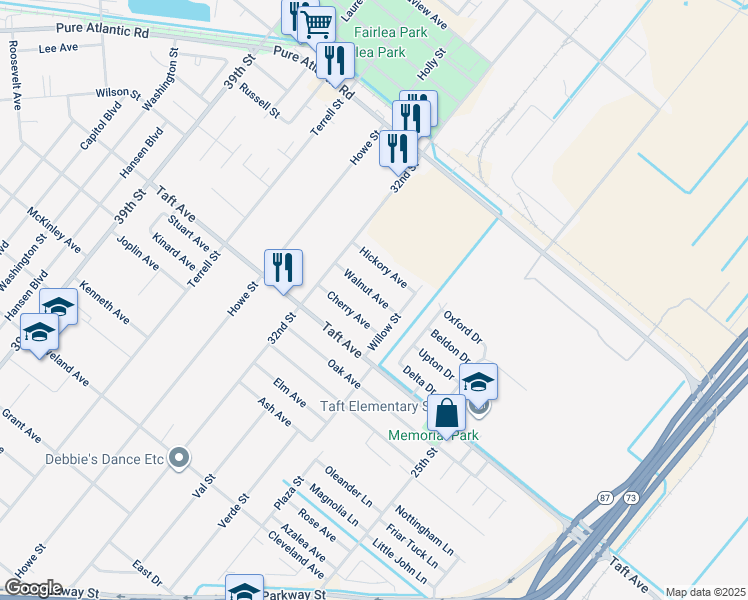 map of restaurants, bars, coffee shops, grocery stores, and more near 3165 Walnut Avenue in Groves