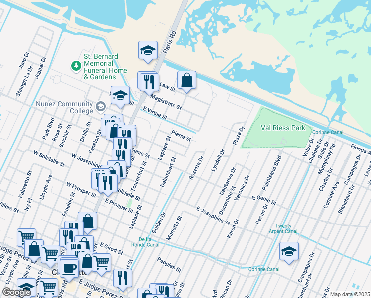 map of restaurants, bars, coffee shops, grocery stores, and more near 504 Dubarry Place in Chalmette