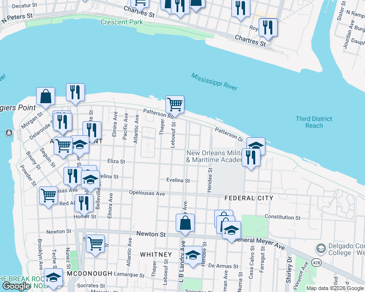 map of restaurants, bars, coffee shops, grocery stores, and more near 335 Whitney Avenue in New Orleans