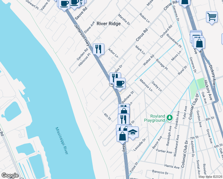 map of restaurants, bars, coffee shops, grocery stores, and more near 9301 Jefferson Highway in River Ridge