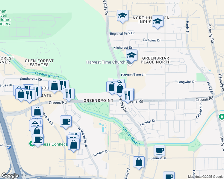 map of restaurants, bars, coffee shops, grocery stores, and more near 17585 Imperial Valley Drive in Houston