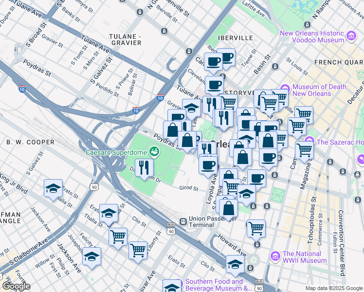 map of restaurants, bars, coffee shops, grocery stores, and more near Poydras Street in New Orleans