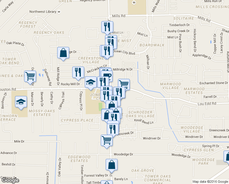 map of restaurants, bars, coffee shops, grocery stores, and more near 12234 Jones Road in Houston