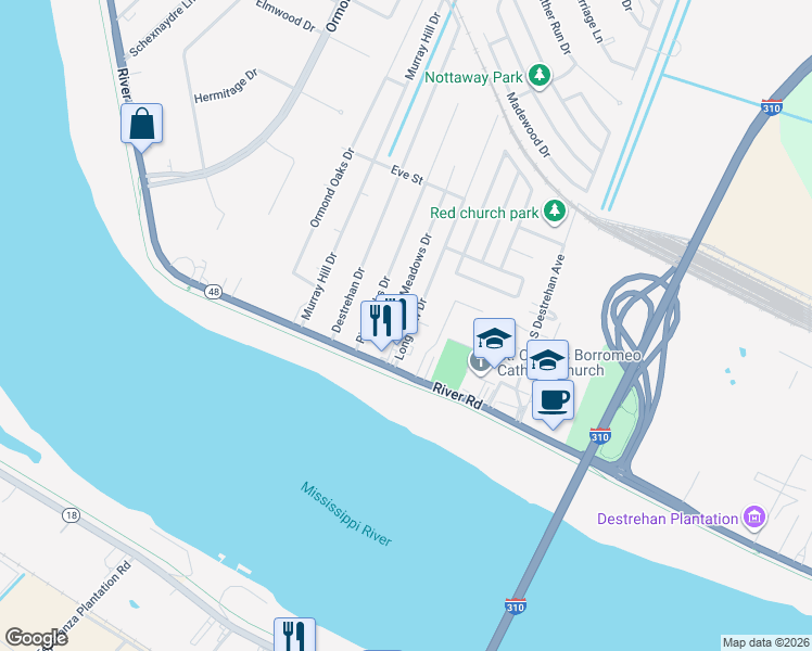 map of restaurants, bars, coffee shops, grocery stores, and more near 168 Longview Drive in Destrehan