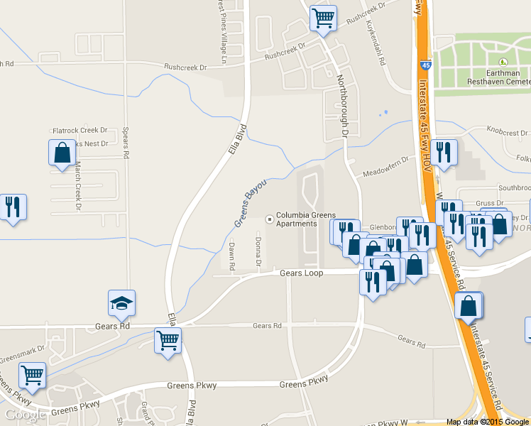 map of restaurants, bars, coffee shops, grocery stores, and more near 832 West Greens Road in Houston