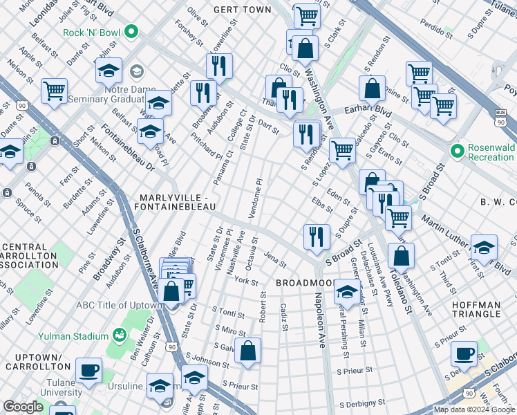 map of restaurants, bars, coffee shops, grocery stores, and more near 4031 Vendome Place in New Orleans