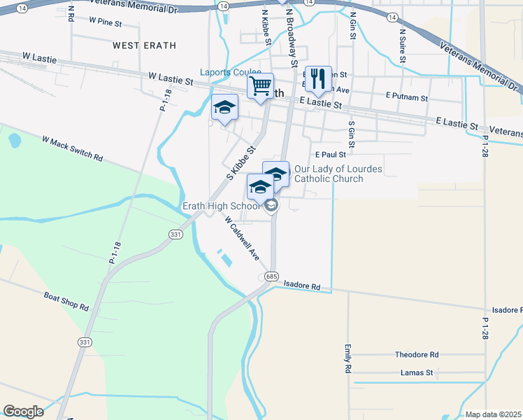 map of restaurants, bars, coffee shops, grocery stores, and more near 808 South Broadway Street in Erath