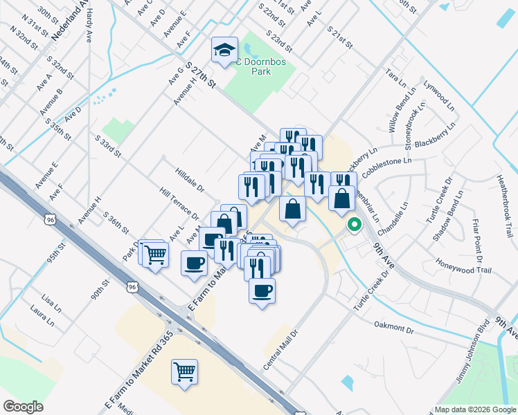 map of restaurants, bars, coffee shops, grocery stores, and more near 3004 Farm to Market Road 365 in Nederland