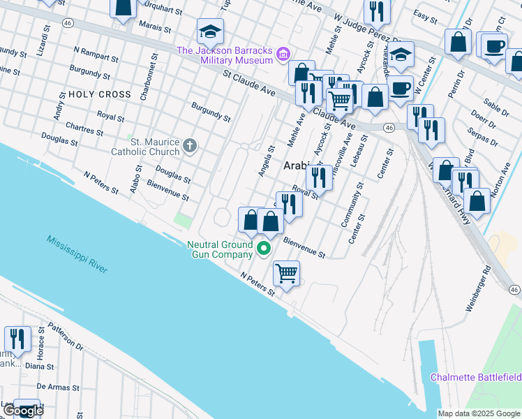 map of restaurants, bars, coffee shops, grocery stores, and more near 518 Mehle Street in Arabi