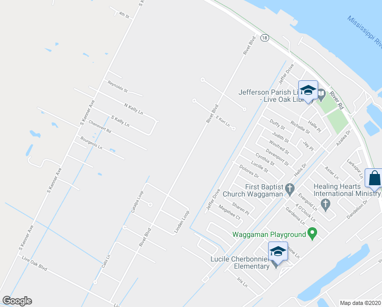 map of restaurants, bars, coffee shops, grocery stores, and more near Rivet Boulevard in Westwego