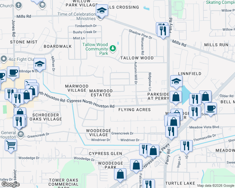 map of restaurants, bars, coffee shops, grocery stores, and more near 10121 Fernstone Lane in Houston