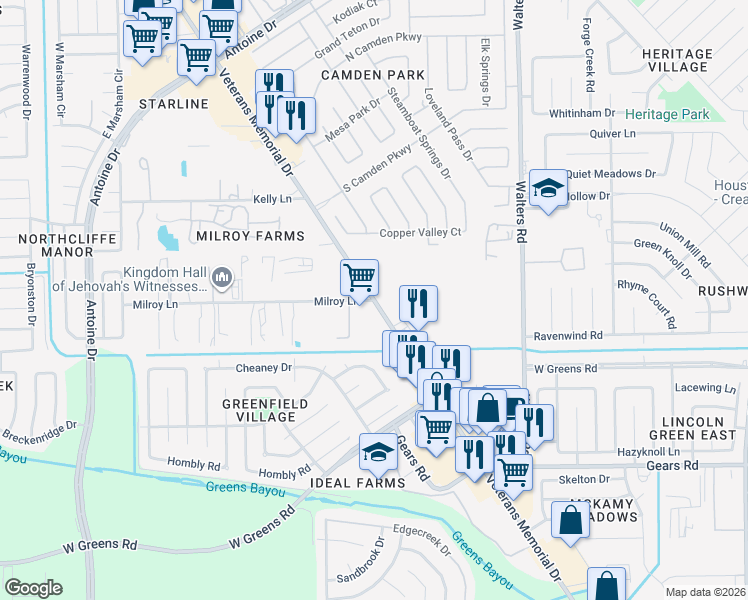 map of restaurants, bars, coffee shops, grocery stores, and more near 2508 Milroy Lane in Houston