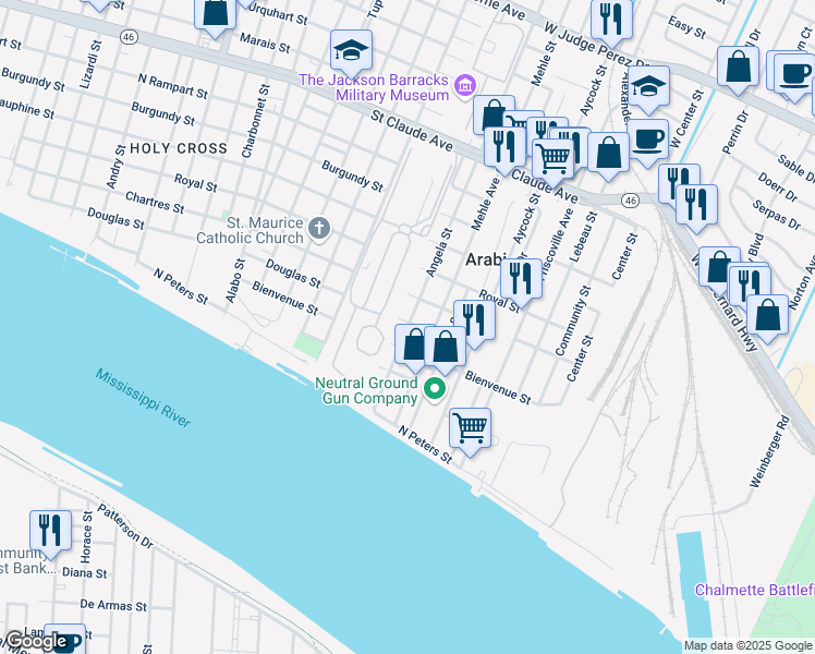 map of restaurants, bars, coffee shops, grocery stores, and more near 450 Angela Street in Arabi