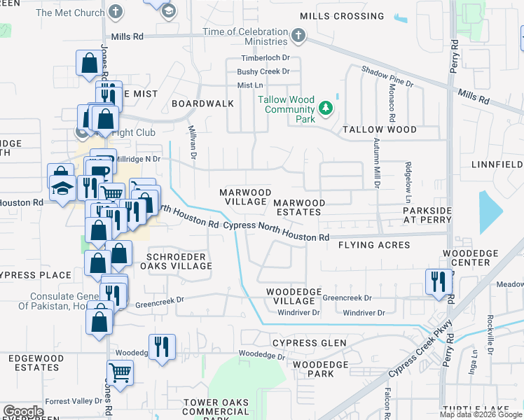 map of restaurants, bars, coffee shops, grocery stores, and more near 10306 Lark Ridge in Houston