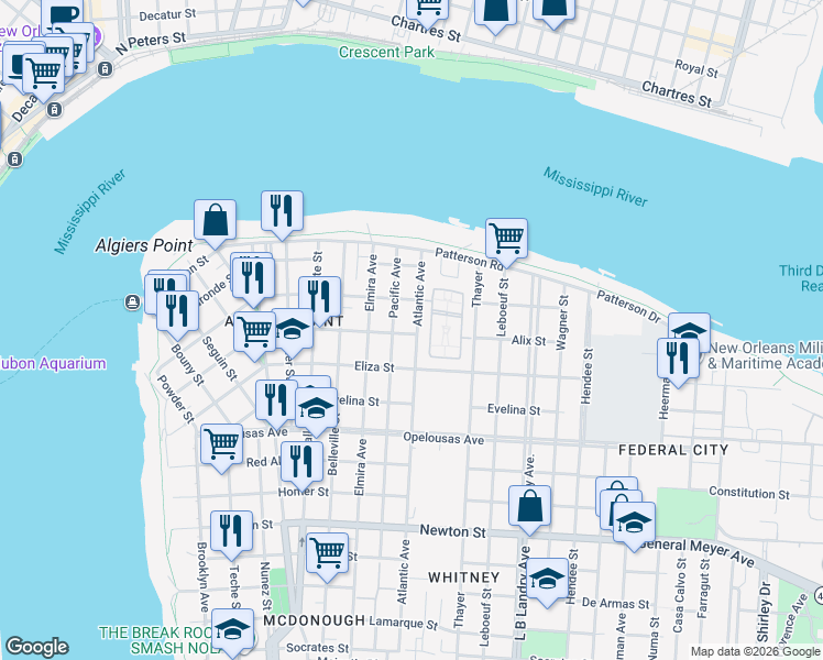 map of restaurants, bars, coffee shops, grocery stores, and more near 1020 Alix Street in New Orleans