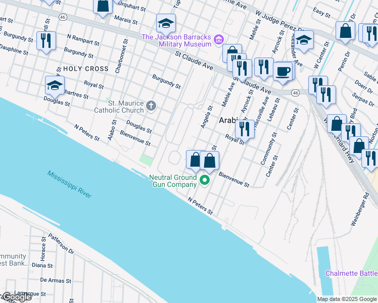 map of restaurants, bars, coffee shops, grocery stores, and more near 450 Angela Street in Arabi
