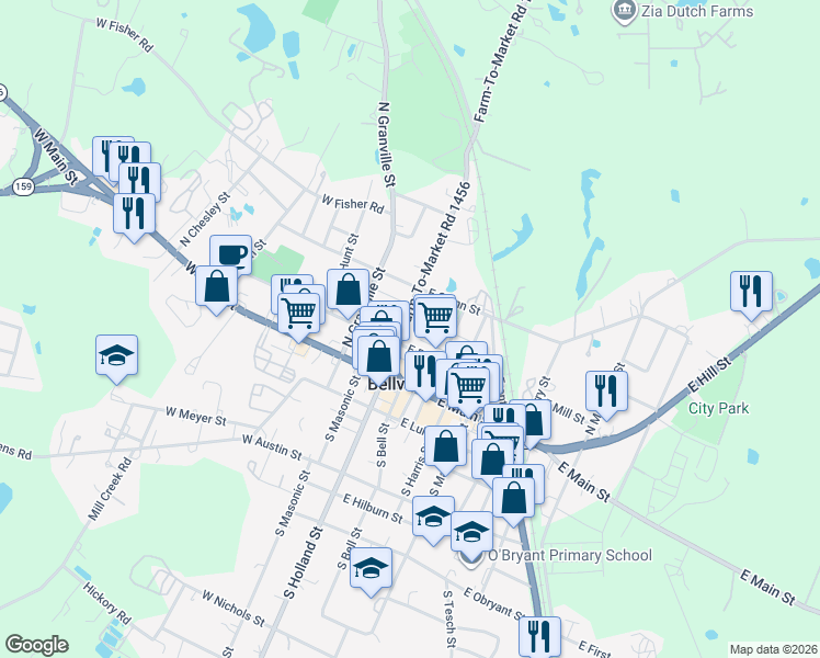 map of restaurants, bars, coffee shops, grocery stores, and more near 121 N Holland St in Bellville