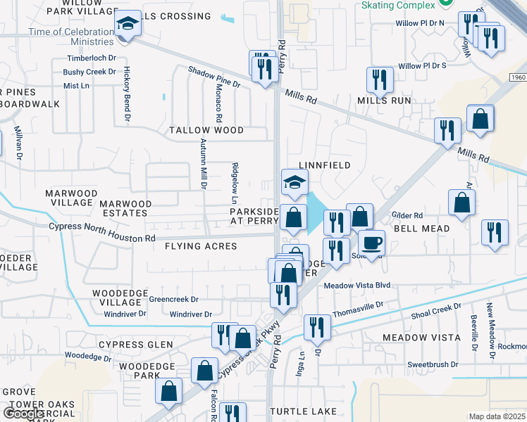map of restaurants, bars, coffee shops, grocery stores, and more near 9526 Farrell Drive in Houston