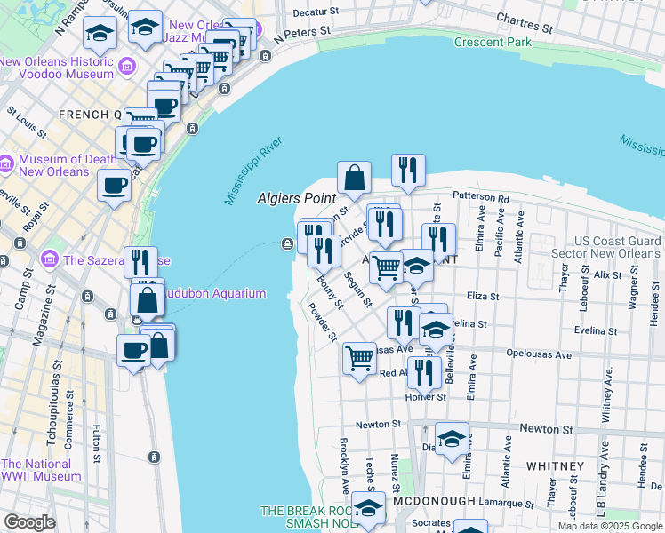 map of restaurants, bars, coffee shops, grocery stores, and more near 319 Seguin Street in New Orleans