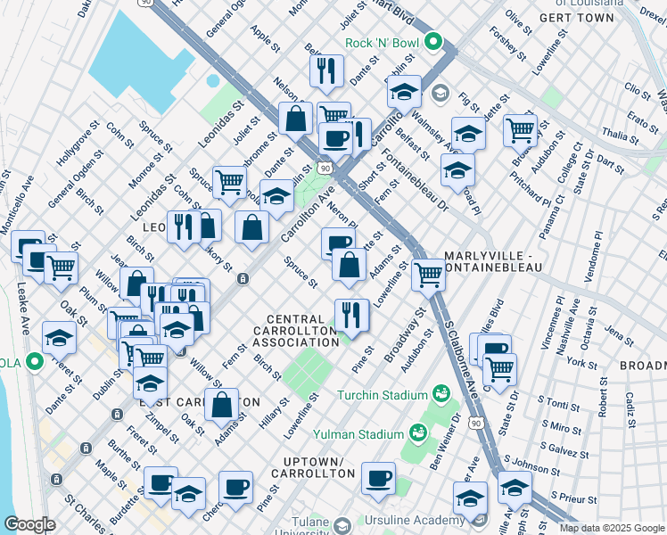 map of restaurants, bars, coffee shops, grocery stores, and more near 2029 Fern Street in New Orleans