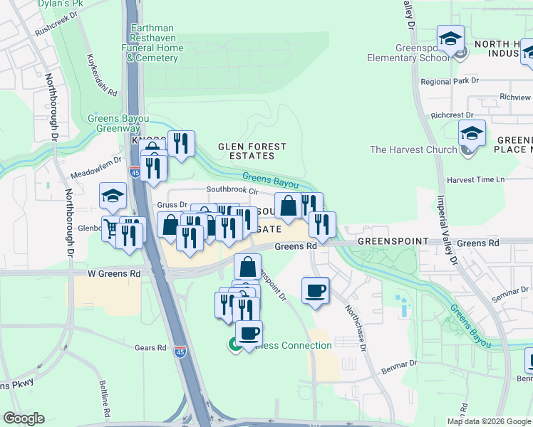 map of restaurants, bars, coffee shops, grocery stores, and more near 315 Abney Drive in Houston