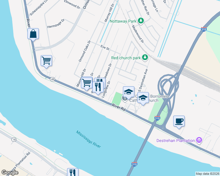 map of restaurants, bars, coffee shops, grocery stores, and more near 168 Longview Drive in Destrehan