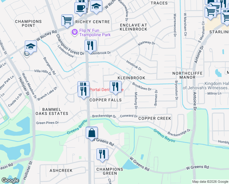 map of restaurants, bars, coffee shops, grocery stores, and more near 5114 Natasha Run Lane in Houston