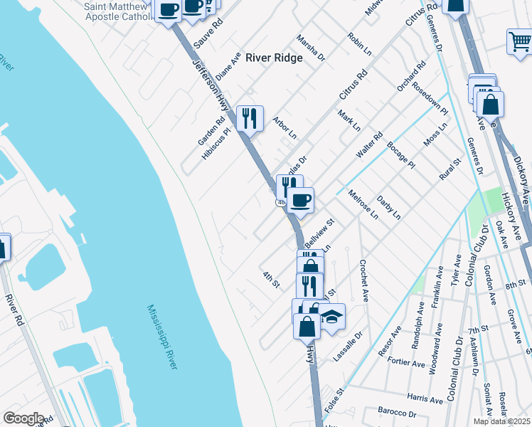 map of restaurants, bars, coffee shops, grocery stores, and more near 142 Riverbend Drive in River Ridge