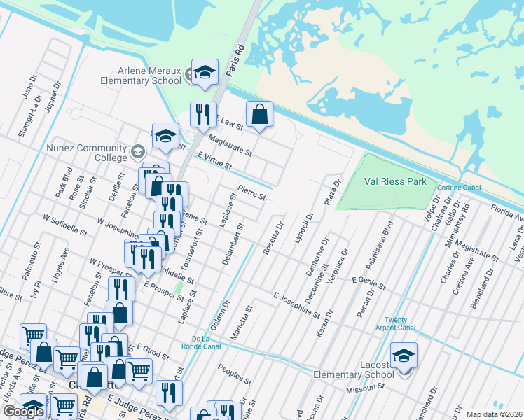 map of restaurants, bars, coffee shops, grocery stores, and more near 504 Dubarry Place in Chalmette