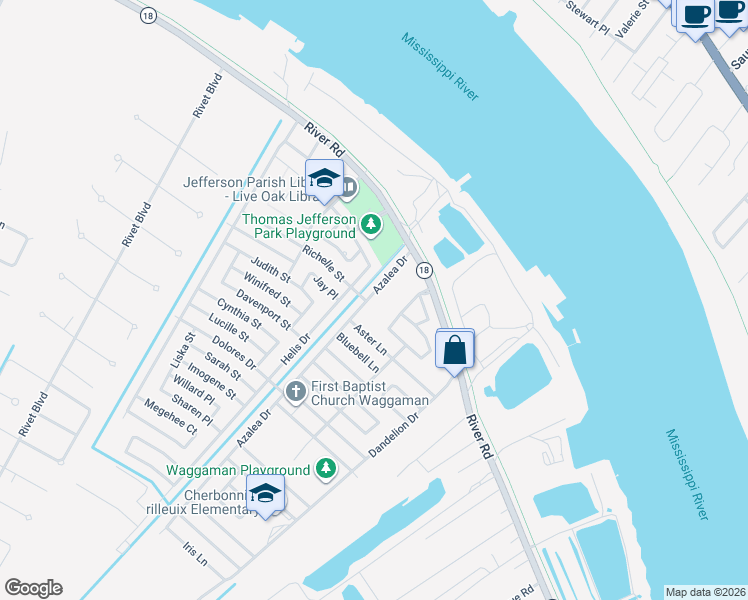 map of restaurants, bars, coffee shops, grocery stores, and more near 253 Azalea Drive in Westwego