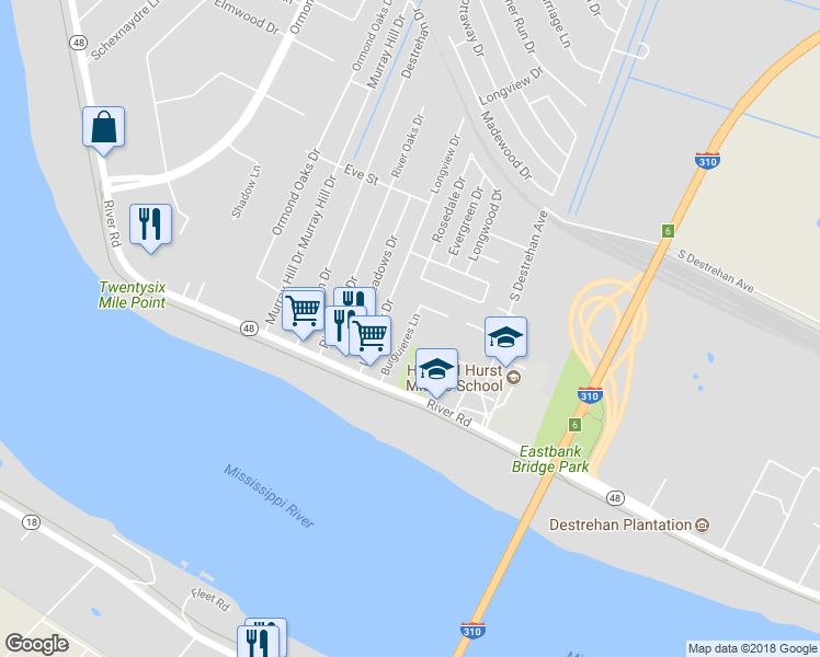 map of restaurants, bars, coffee shops, grocery stores, and more near 114 Burguieres Lane in Destrehan