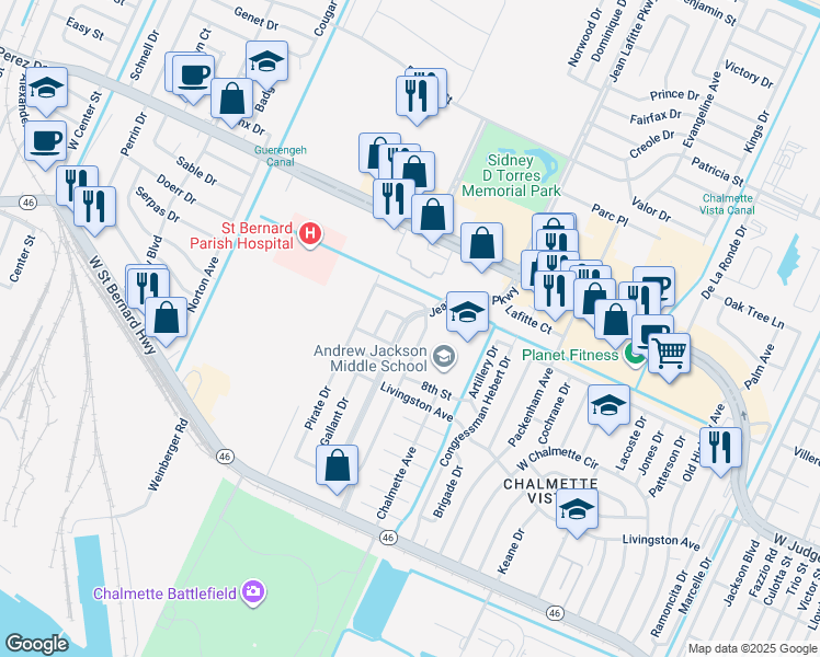 map of restaurants, bars, coffee shops, grocery stores, and more near 2809 Jean Lafitte Parkway in Chalmette