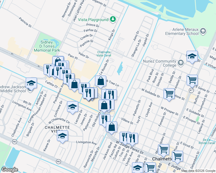 map of restaurants, bars, coffee shops, grocery stores, and more near 301 Plantation Drive in Chalmette