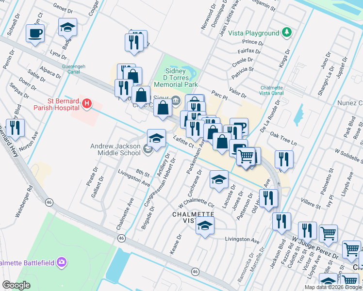 map of restaurants, bars, coffee shops, grocery stores, and more near 8320 Lafitte Court in Chalmette