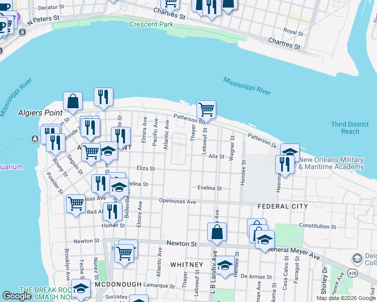 map of restaurants, bars, coffee shops, grocery stores, and more near 351 Abalon Court in New Orleans