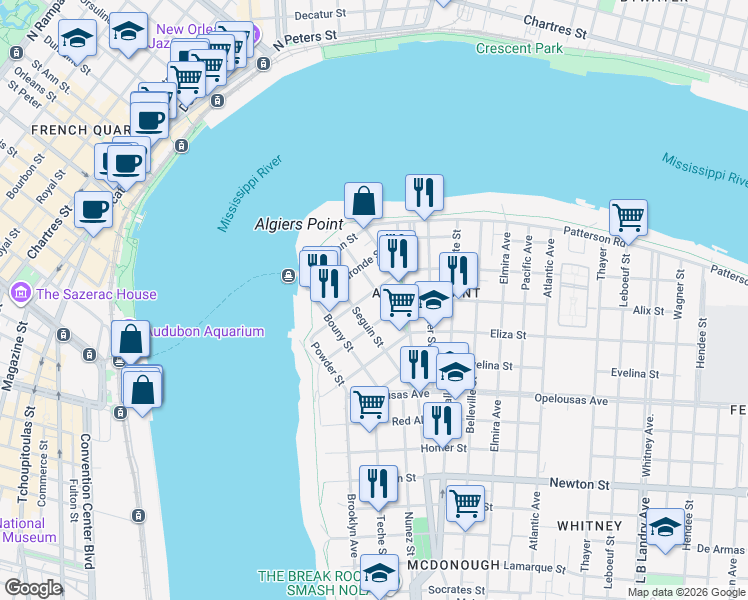 map of restaurants, bars, coffee shops, grocery stores, and more near 327 Pelican Avenue in New Orleans