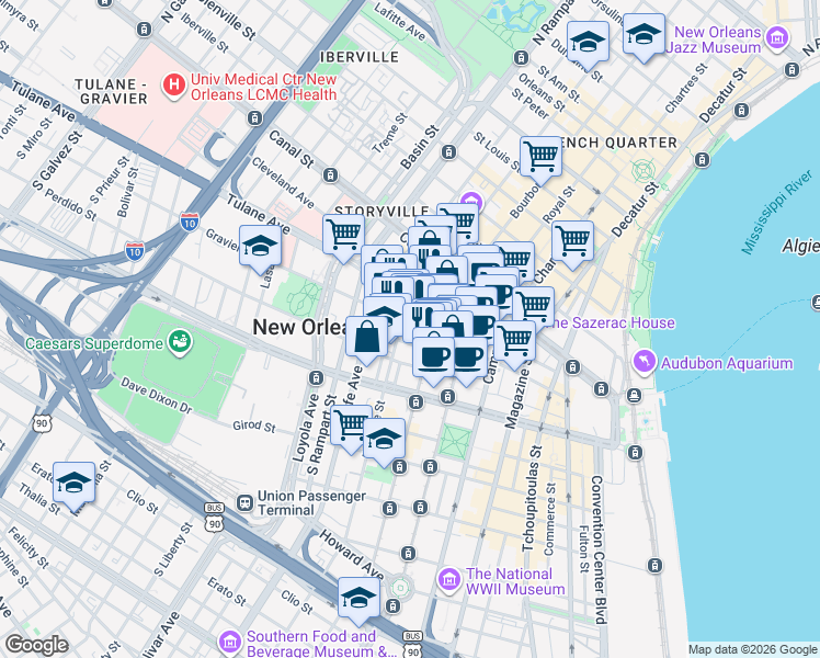 map of restaurants, bars, coffee shops, grocery stores, and more near in New Orleans