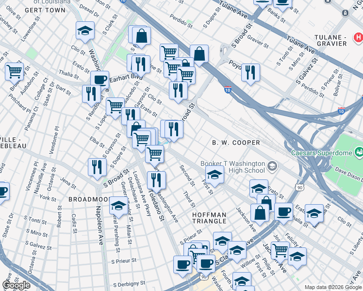 map of restaurants, bars, coffee shops, grocery stores, and more near 3940 Thalia Street in New Orleans