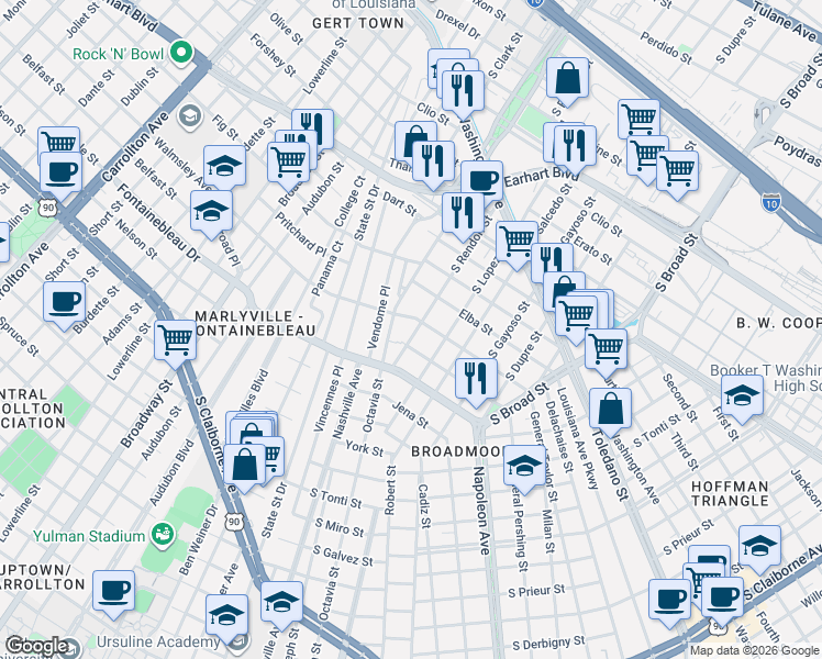 map of restaurants, bars, coffee shops, grocery stores, and more near 4409 Walmsley Avenue in New Orleans