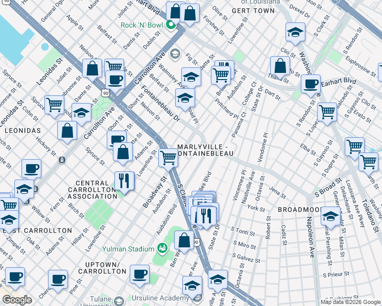map of restaurants, bars, coffee shops, grocery stores, and more near 2419 Audubon Street in New Orleans