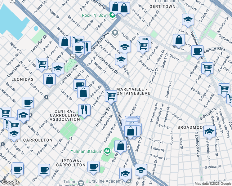 map of restaurants, bars, coffee shops, grocery stores, and more near 2321 Broadway Street in New Orleans